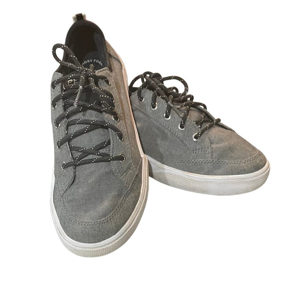 Sperry Deckfin Jr Kid Shoes Gray Black laces Canvas Upper Memory Foam insole 3.5